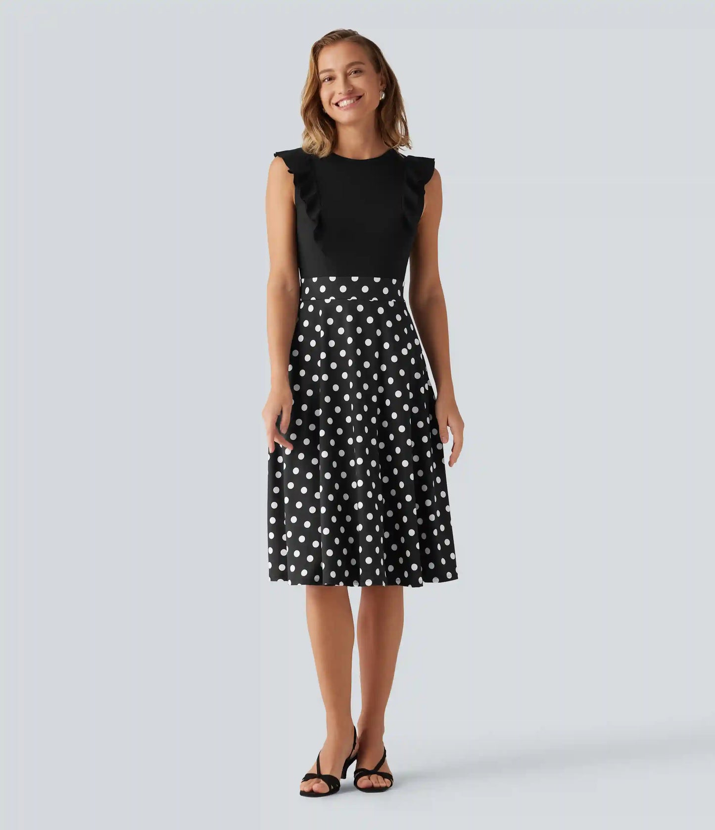 Round Neck Ruffle Sleeveless A-Line Color Block Midi Party Dress with Pockets