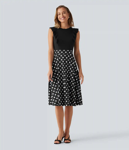 Round Neck Ruffle Sleeveless A-Line Color Block Midi Party Dress with Pockets