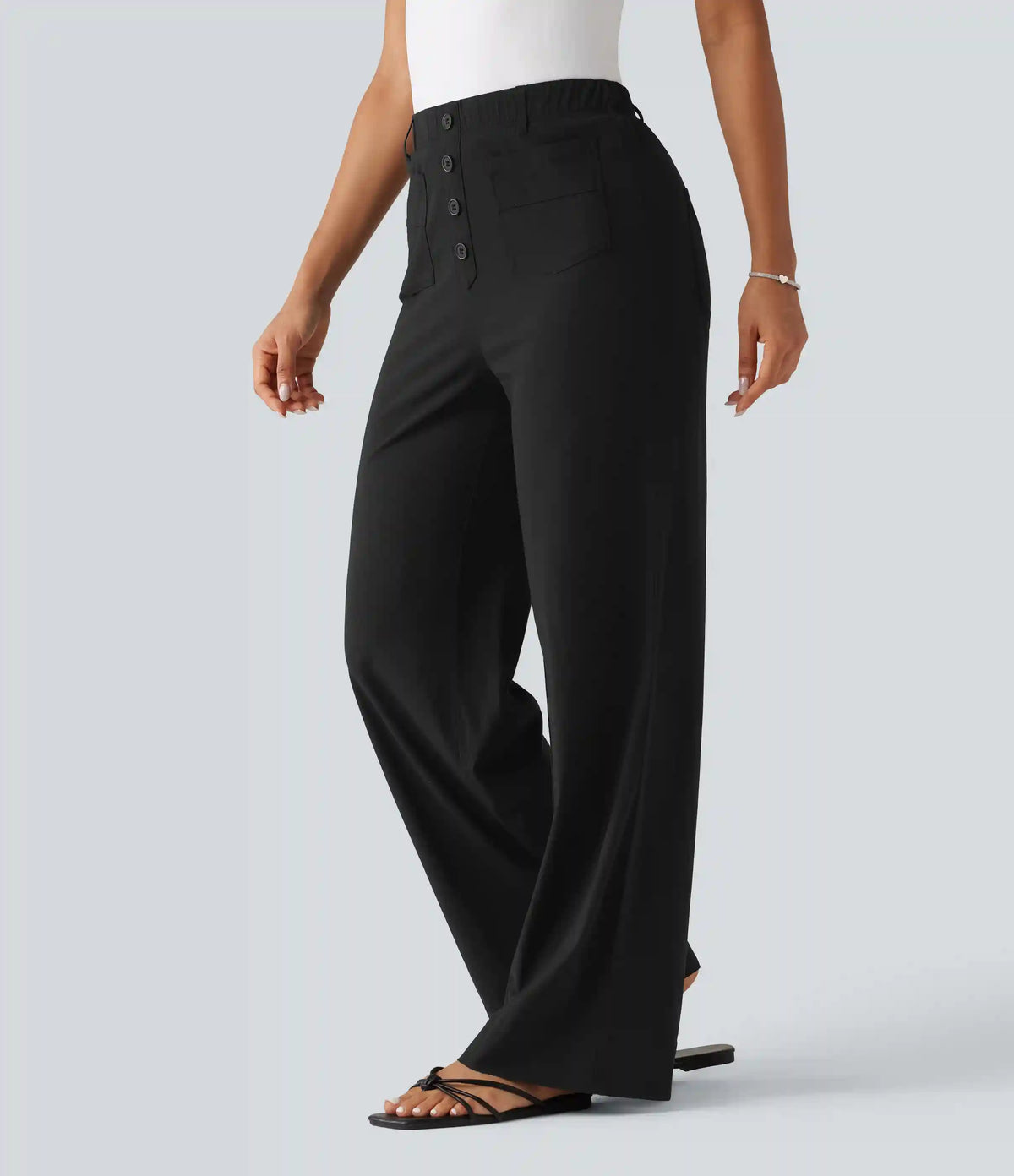 High Waisted Straight Leg Casual Stretch Linen Pants with Pockets