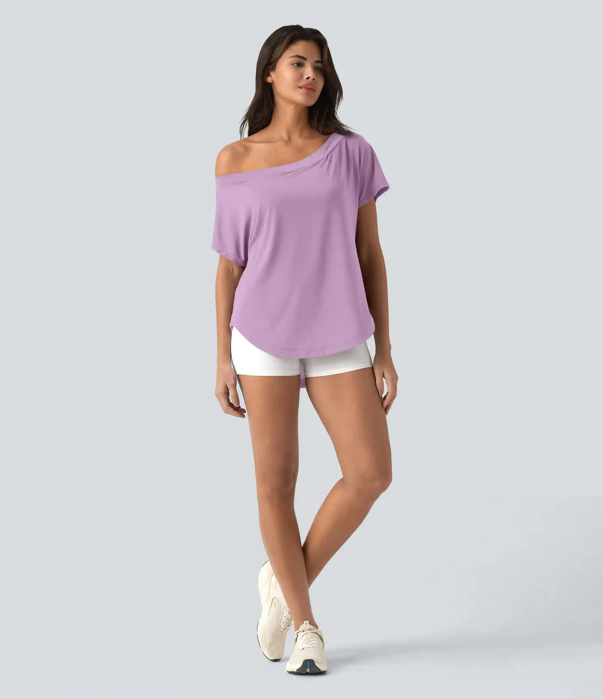 One Shoulder Short Sleeve Curved Hem High Low Quick Dry Yoga Sports Top-Built-in Bra