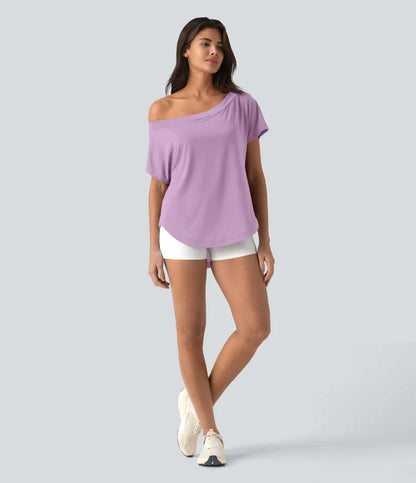 One Shoulder Short Sleeve Curved Hem High Low Quick Dry Yoga Sports Top-Built-in Bra