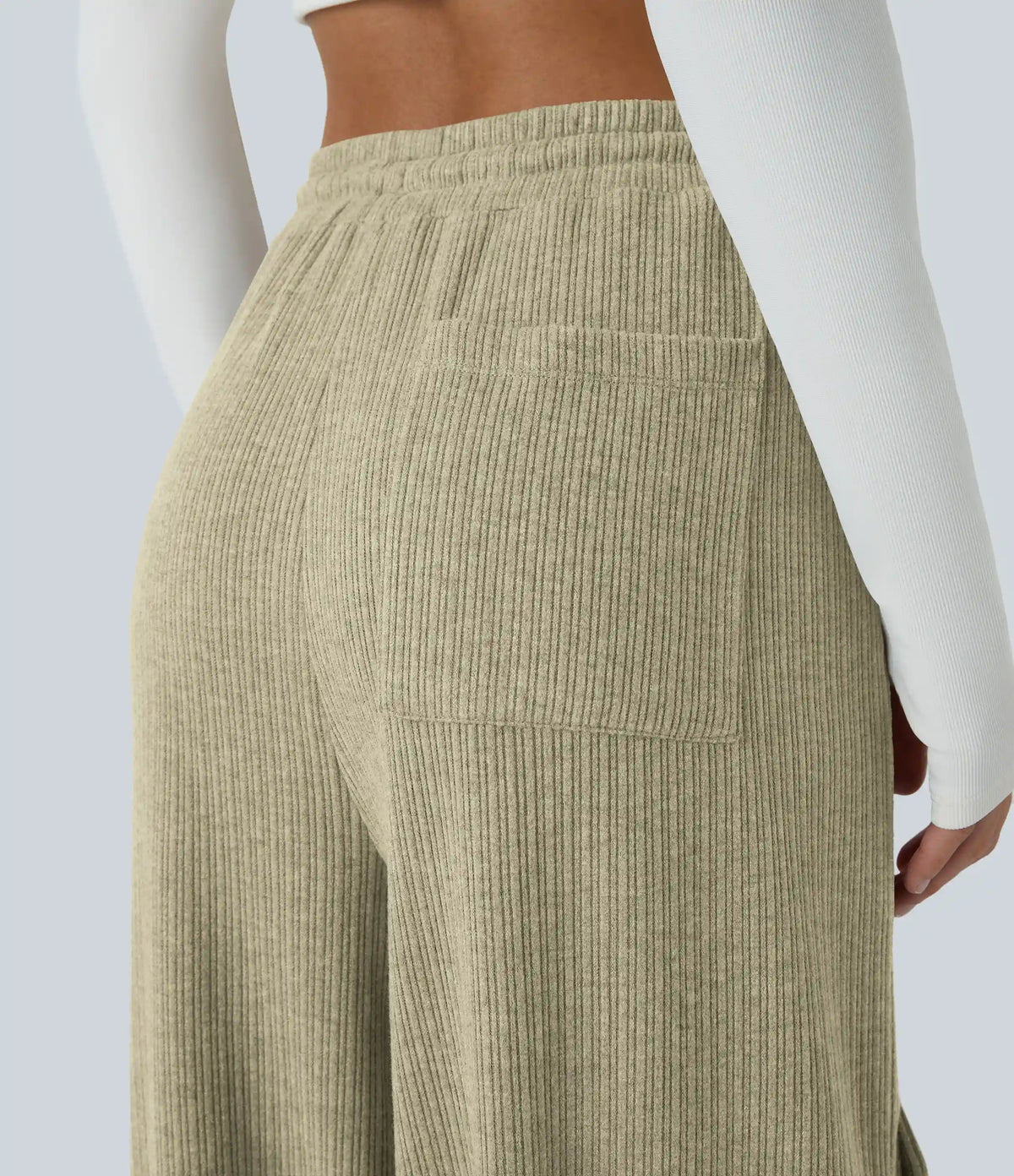 Ribbed Mid Rise Drawstring Pockets Wide Leg Cargo Casual Pants