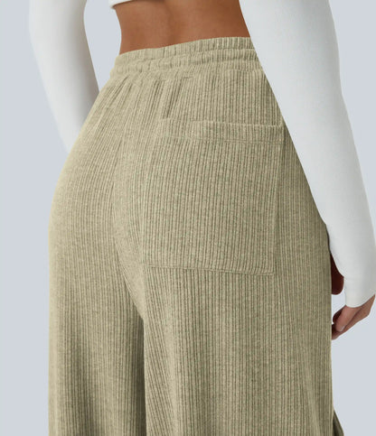 Ribbed Mid Rise Drawstring Pockets Wide Leg Cargo Casual Pants