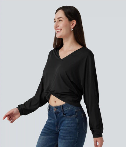 V Neck Batwing Long Sleeve Twisted Casual Top