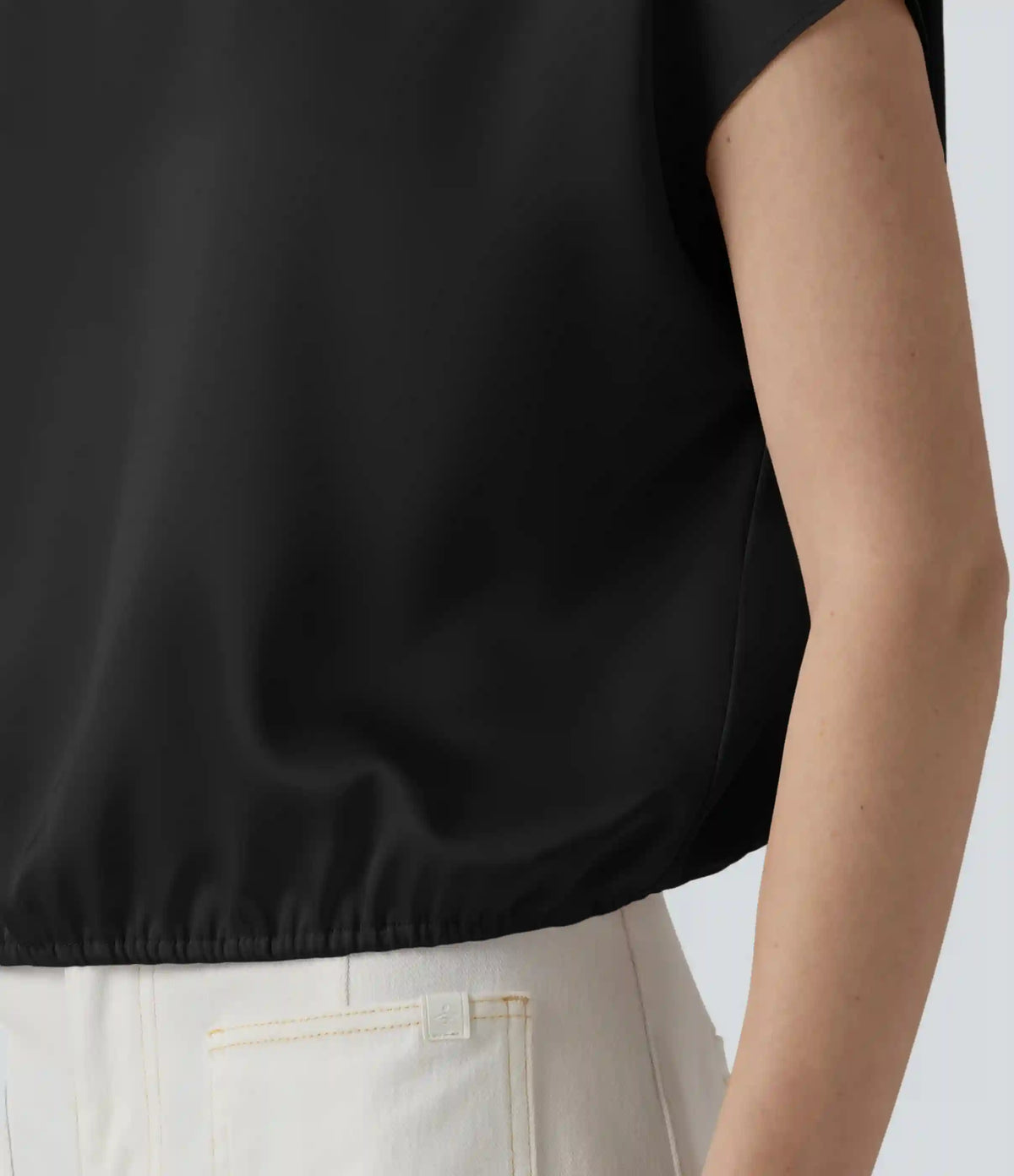 Round Neck Keyhole Back Cap Sleeve Satin Work Top