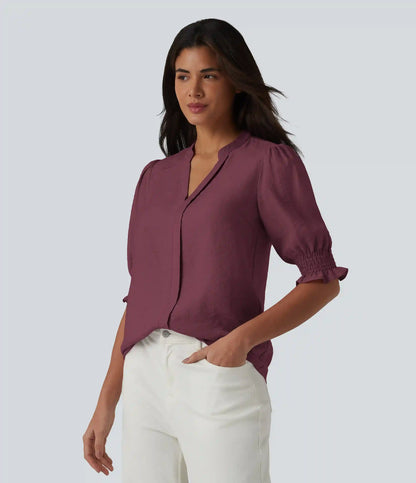 V Neck Puff Short Sleeve Casual Blouse