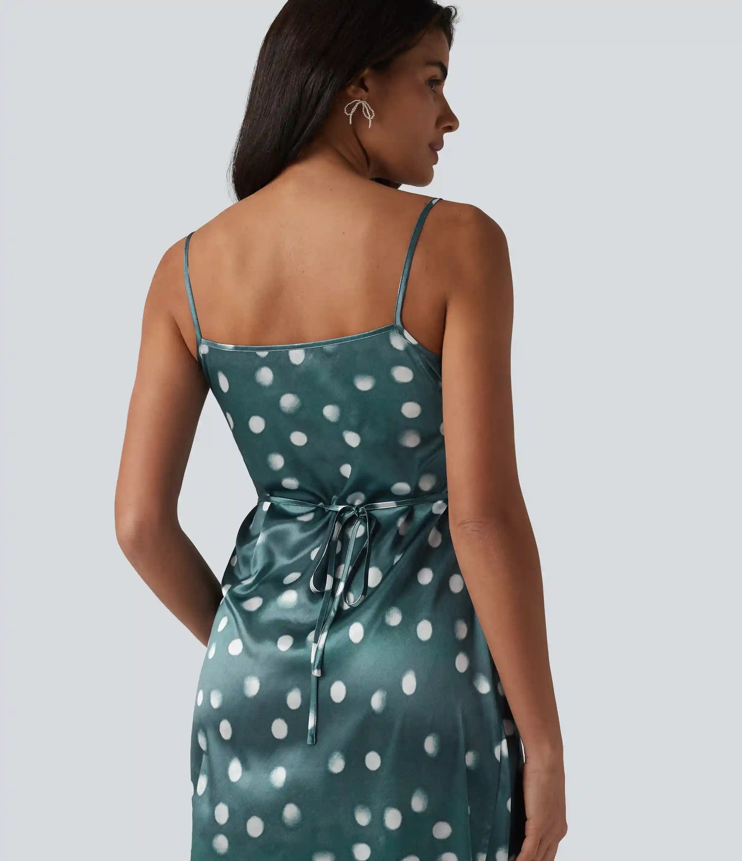 Invisible Zipper Ruched Tie-back Polka Dot Satin Maxi Bridesmaid And Wedding Guest Slip Dress