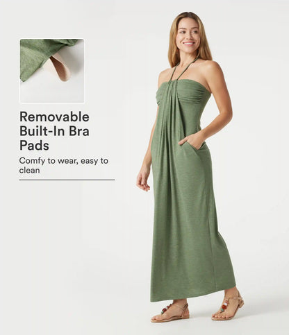 Halter Tie Back Built-in Bra Heathered Maxi Dress with Pockets