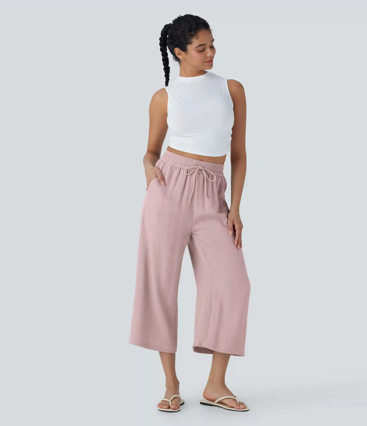 High Waisted Drawstring Wide Leg Cropped Casual Linen-Feel Pants with Pockets