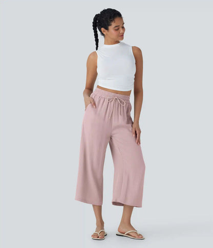 High Waisted Drawstring Wide Leg Cropped Casual Linen-Feel Pants with Pockets