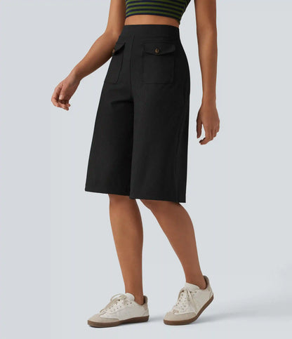 Ribbed Knit High Waisted Pedal Pushers Quick Dry Casual Wide Leg Pants with Flap Pockets-UPF50+