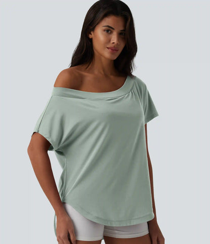 One Shoulder Short Sleeve Curved Hem High Low Quick Dry Yoga Sports Top-Built-in Bra