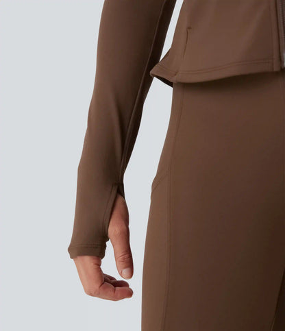 DayStretch Stand Collar Zipper Thumb Hole Ruffle Hem Slim Jacket with Pockets