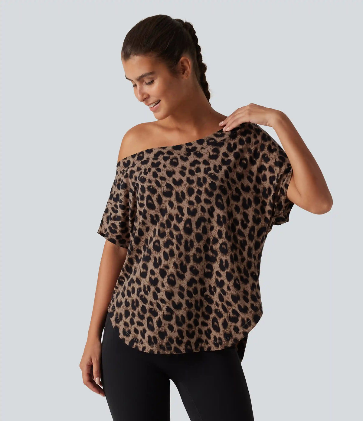 One Shoulder Short Sleeve Leopard Print Built-in Bra Curved Hem High Low Yoga Sports Top