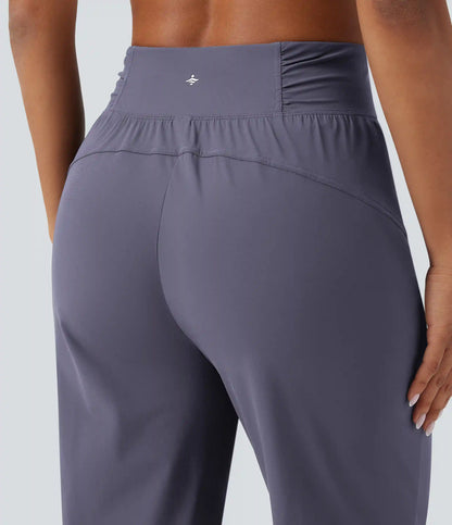 High Waisted Drawstring Ruched Tapered Quick Dry Cool Touch Dance Joggers with Pockets-UPF40+