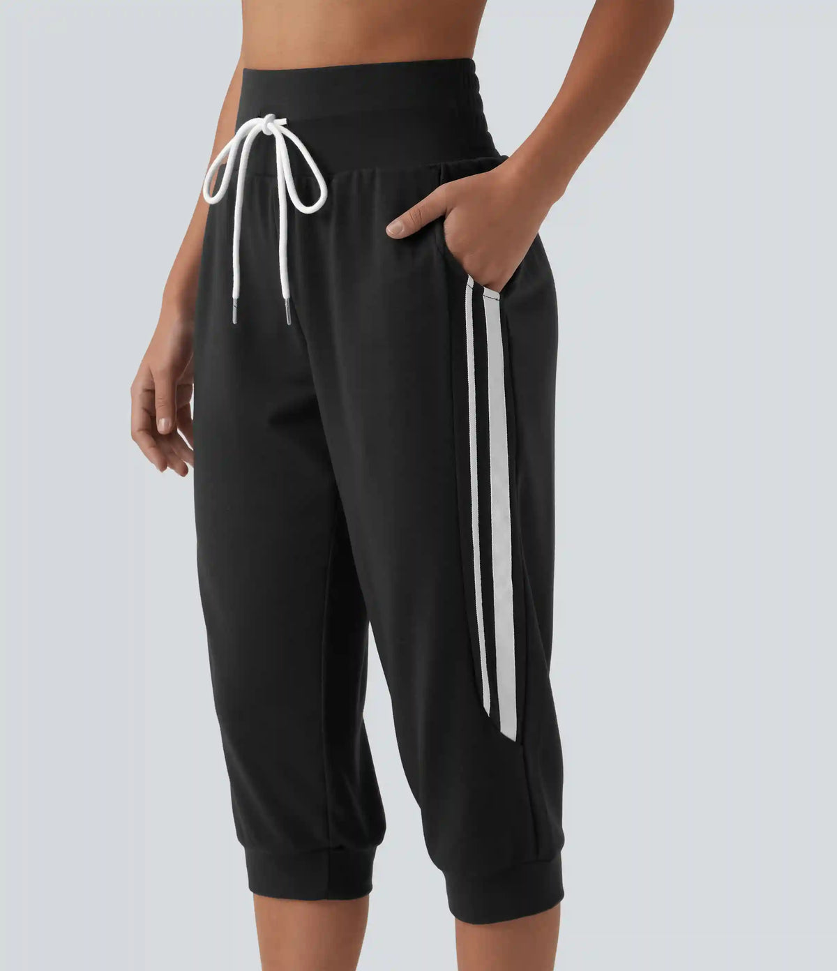 High Waisted Drawstring Stripe Capri Casual Joggers with Pockets