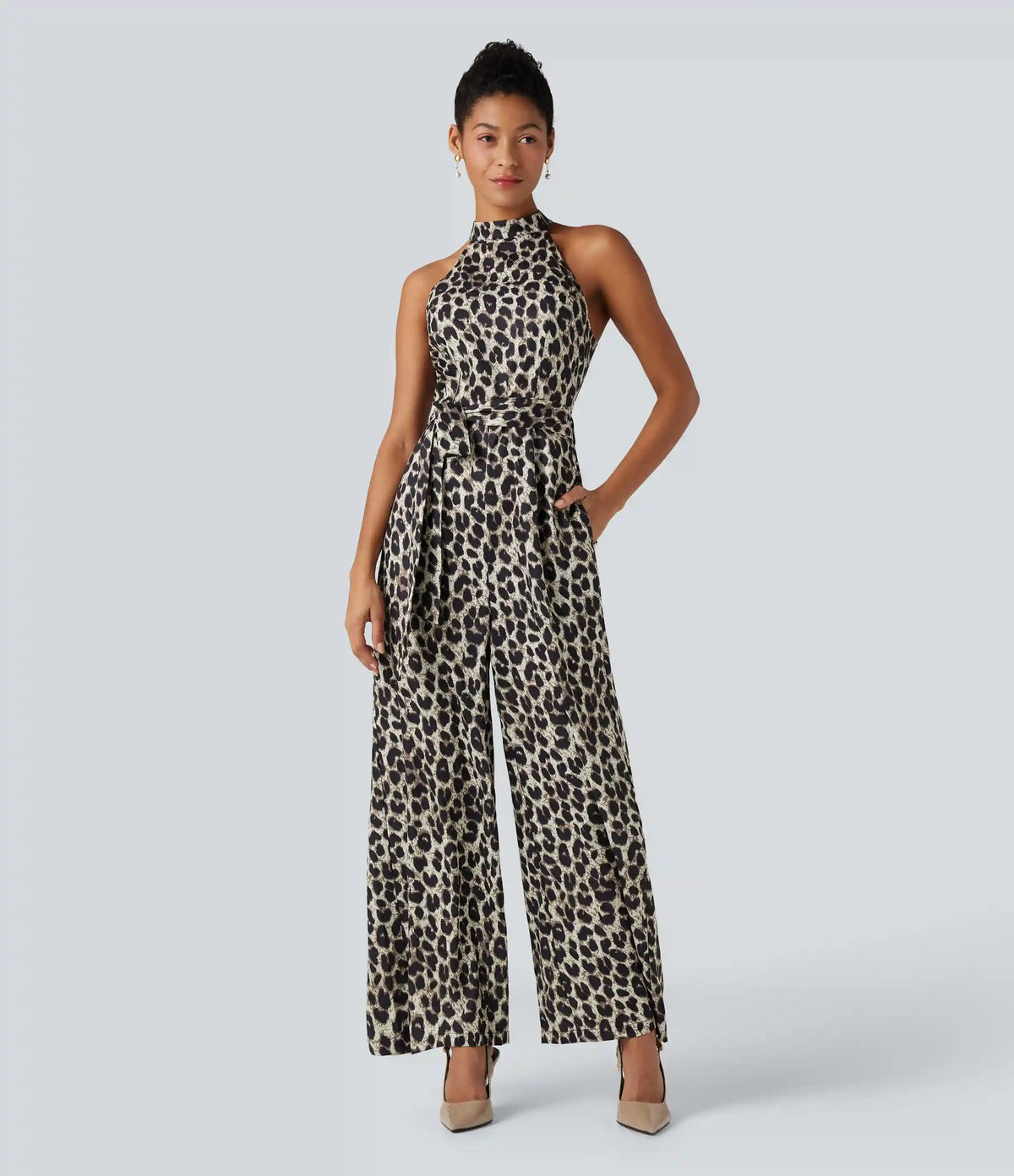 Halter Sleeveless Belted Leopard Party Jumpsuit with Pockets