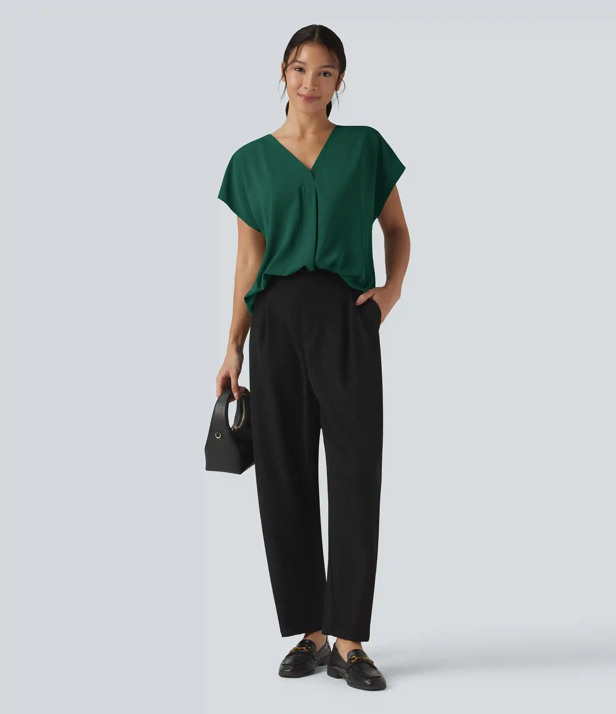 Wrinkle Recovery V-neck Short Sleeve Oversized Work Blouse