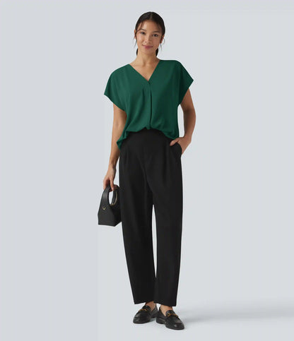 Wrinkle Recovery V-neck Short Sleeve Oversized Work Blouse