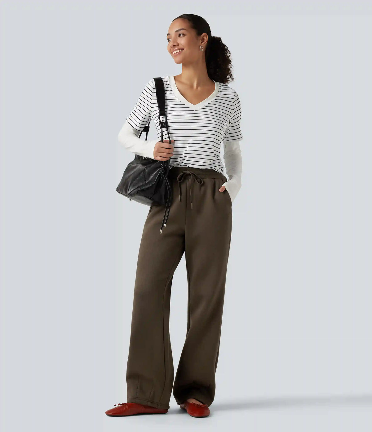Mid Rise Drawstring Bootcut Fleece Casual Sweatpants with Pockets
