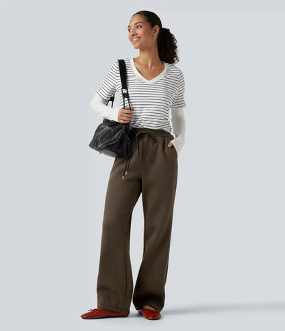 Mid Rise Drawstring Bootcut Fleece Casual Sweatpants with Pockets