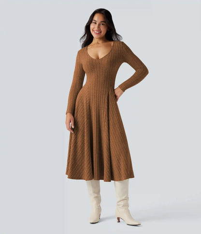 Ribbed Knit V Neck Long Sleeve Flare Midi Casual Dress