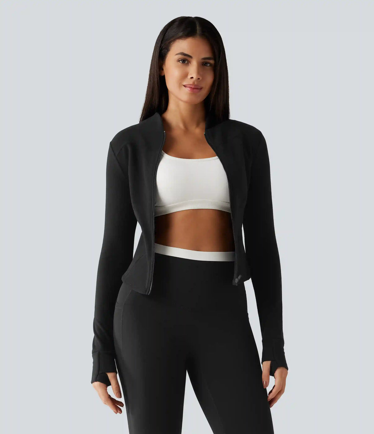 Stand Collar Long Sleeve Thumb Hole Yoga Jacket with Pockets