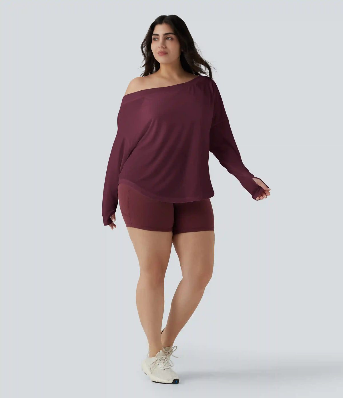 One Shoulder Long Sleeve Thumb Hole Curved Hem High Low Quick Dry Yoga Plus Size Sports Top-Built-in Bra