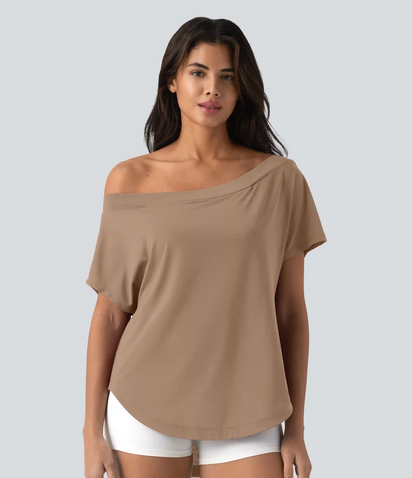 One Shoulder Short Sleeve Curved Hem High Low Quick Dry Yoga Sports Top-Built-in Bra