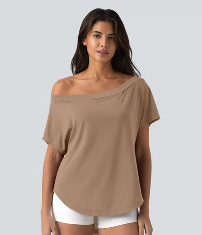 One Shoulder Short Sleeve Curved Hem High Low Quick Dry Yoga Sports Top-Built-in Bra