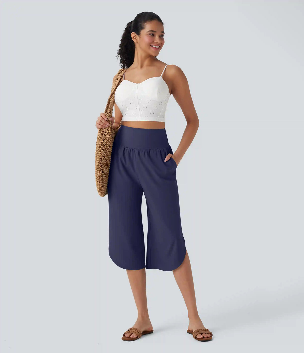 Breezeful™ High Waisted Tummy Control Hem Quick Dry Capri Pants with Pockets