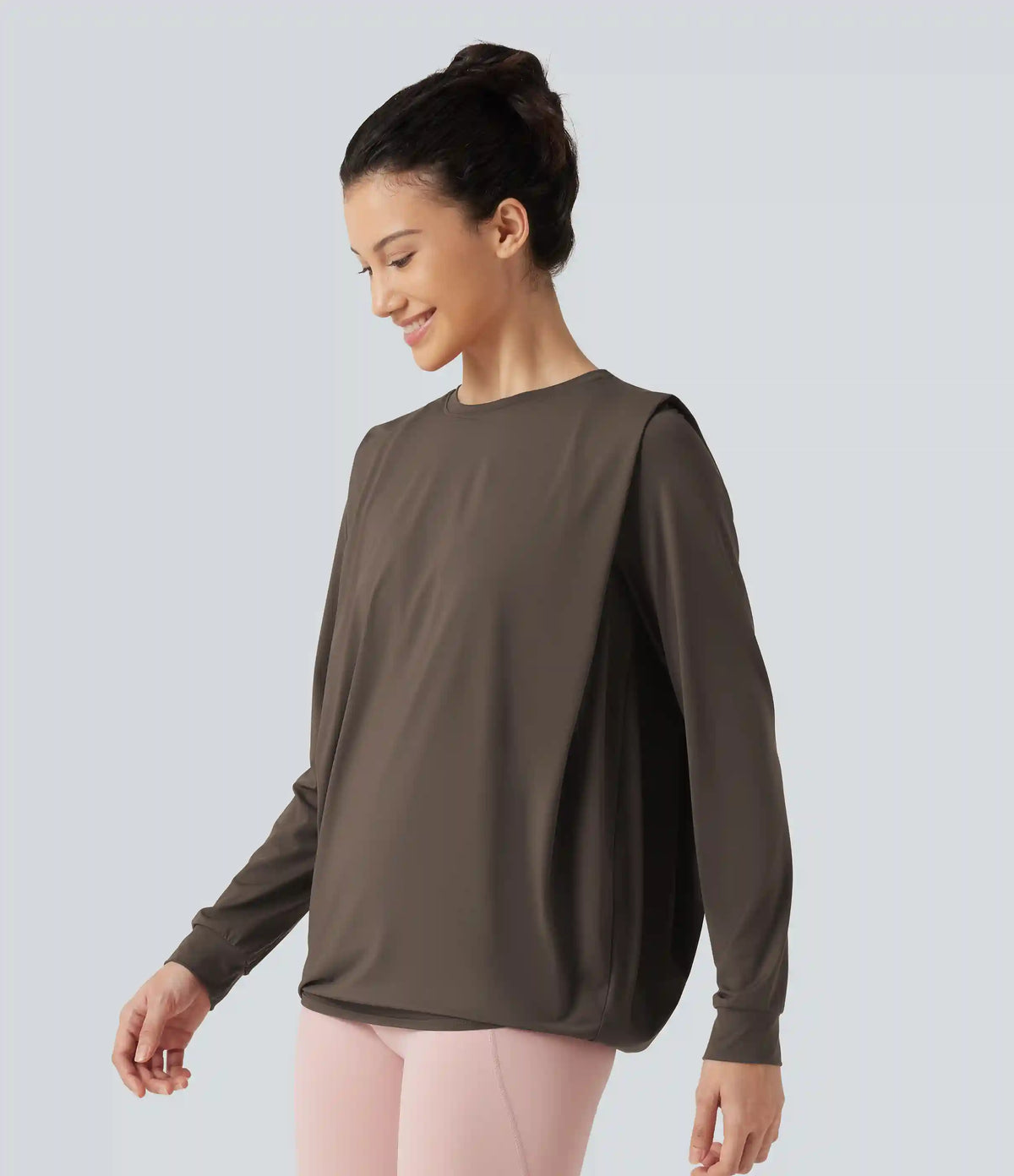 Round Neck Long Sleeve Ruched InstantCool Yoga Sports Top-Longer Length-UPF50+