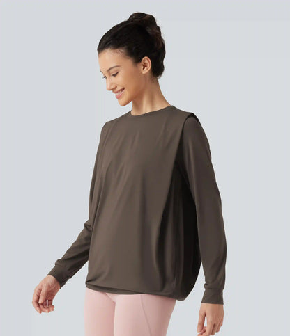 Round Neck Long Sleeve Ruched InstantCool Yoga Sports Top-Longer Length-UPF50+