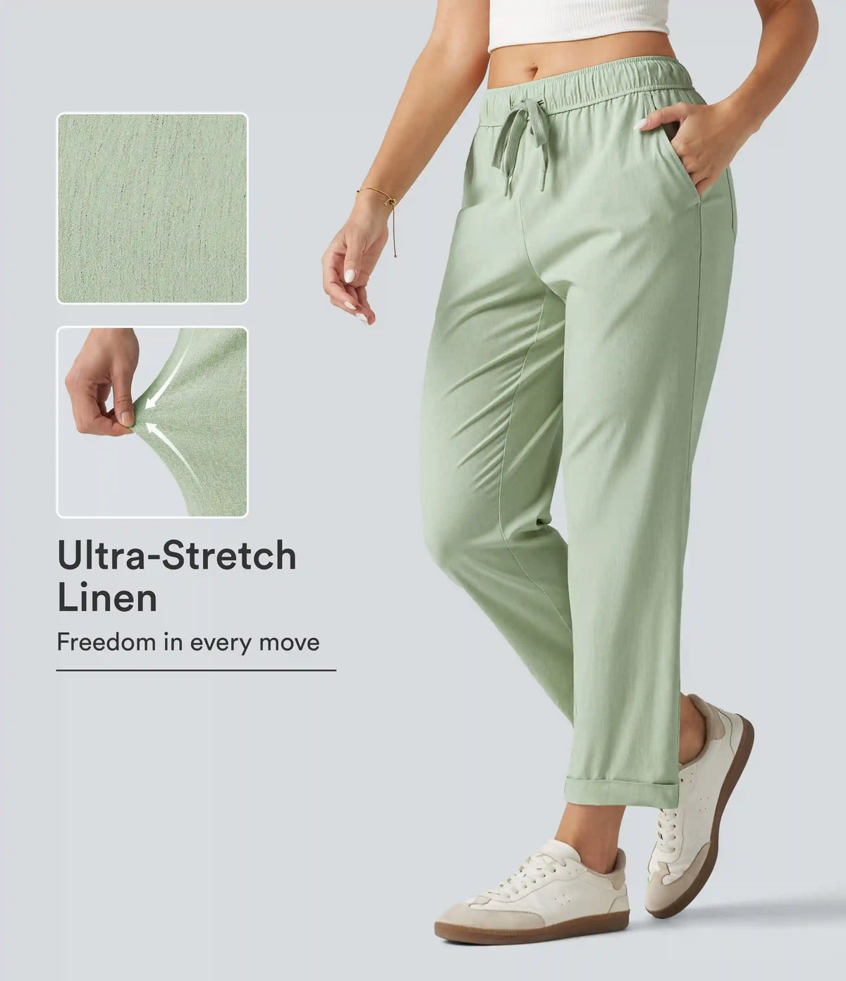 Mid Rise Drawstring Casual Stretch Linen Slim Pants with Pockets
