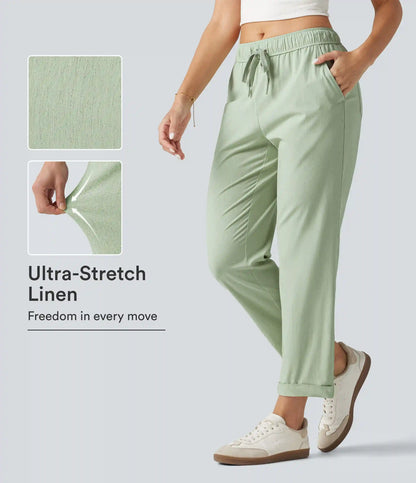 Mid Rise Drawstring Casual Stretch Linen Slim Pants with Pockets