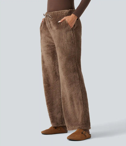 Mid Rise Drawstring Teddy Straight Leg Casual Pants with Pockets