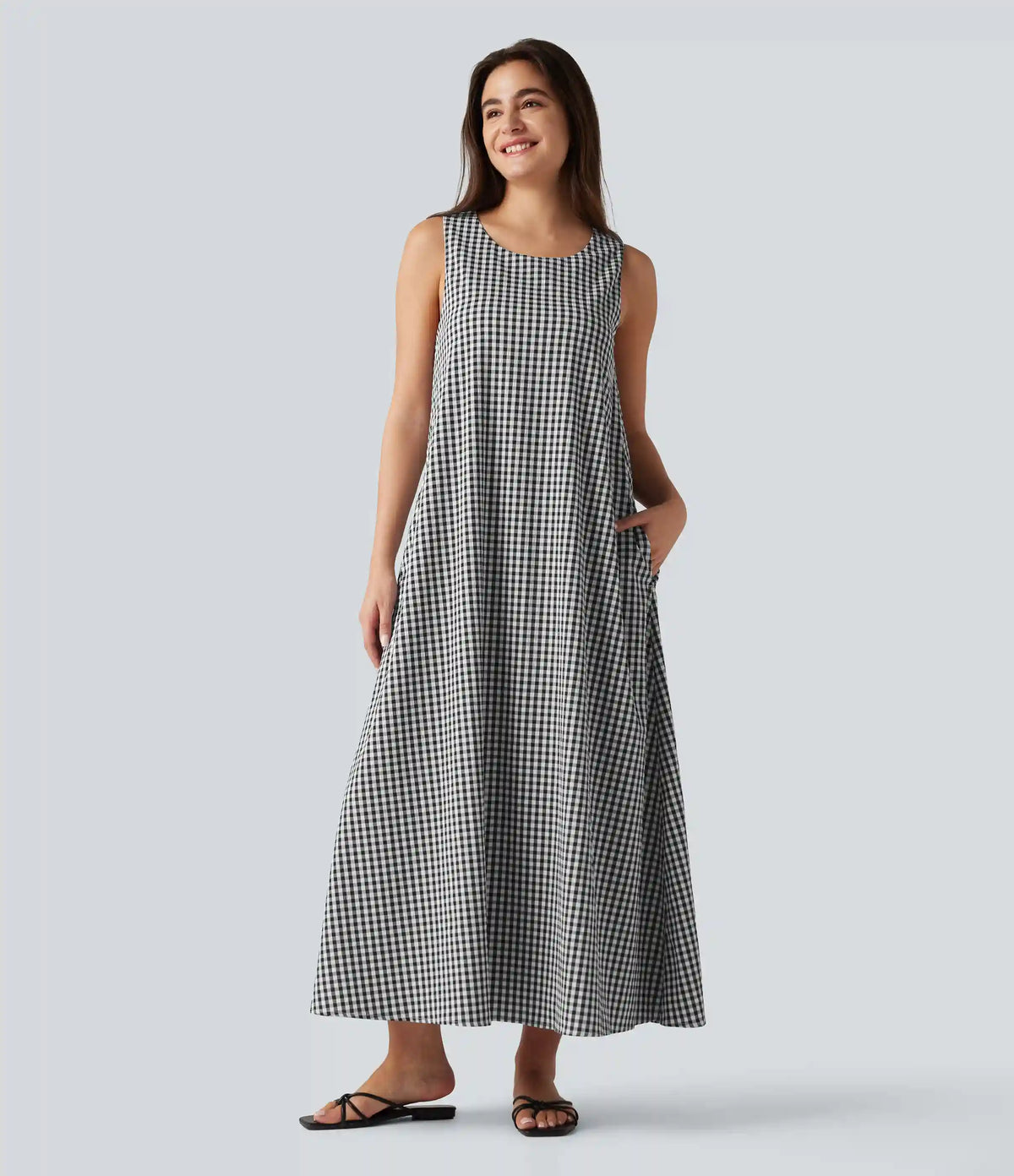 Round Neck Sleeveless Built-in Bra Midi Crinkle Gingham Casual Tank Dress with Pockets