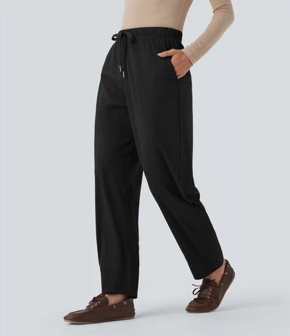 Mid Rise Drawstring Barrel Leg Corduroy Casual Pants with Pockets