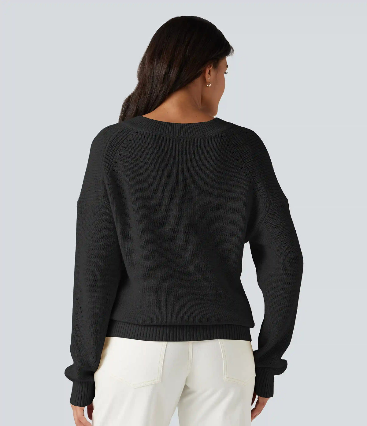 V Neck Dropped Shoulder Long Sleeve Cut Out Casual Sweater