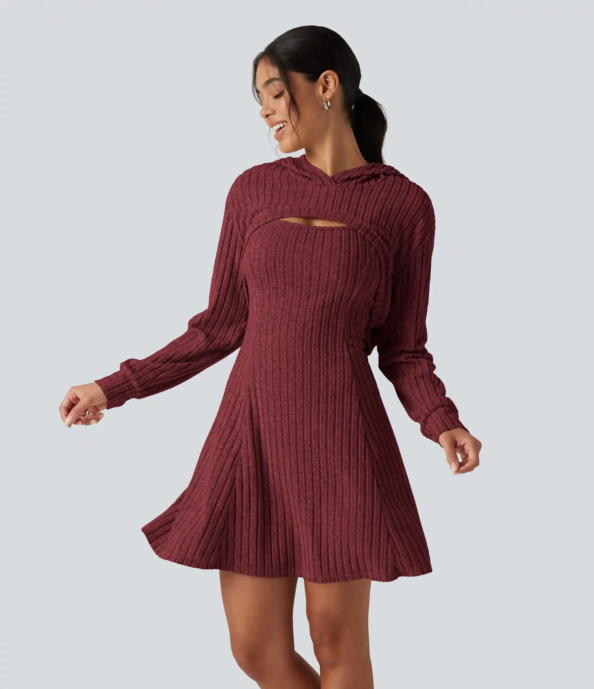 Ribbed Knit Hooded Long Sleeve 2-Piece Mini Casual Dress