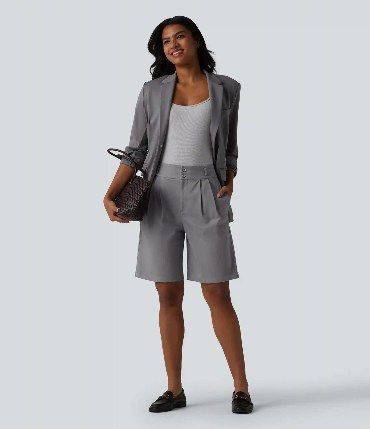 High Waisted Straight Leg Work Chino Cotton Bermuda Shorts with Pockets