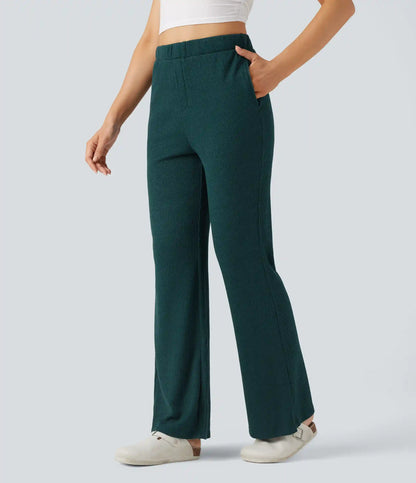 High Waisted Flare Waffle Casual Pants with Pockets