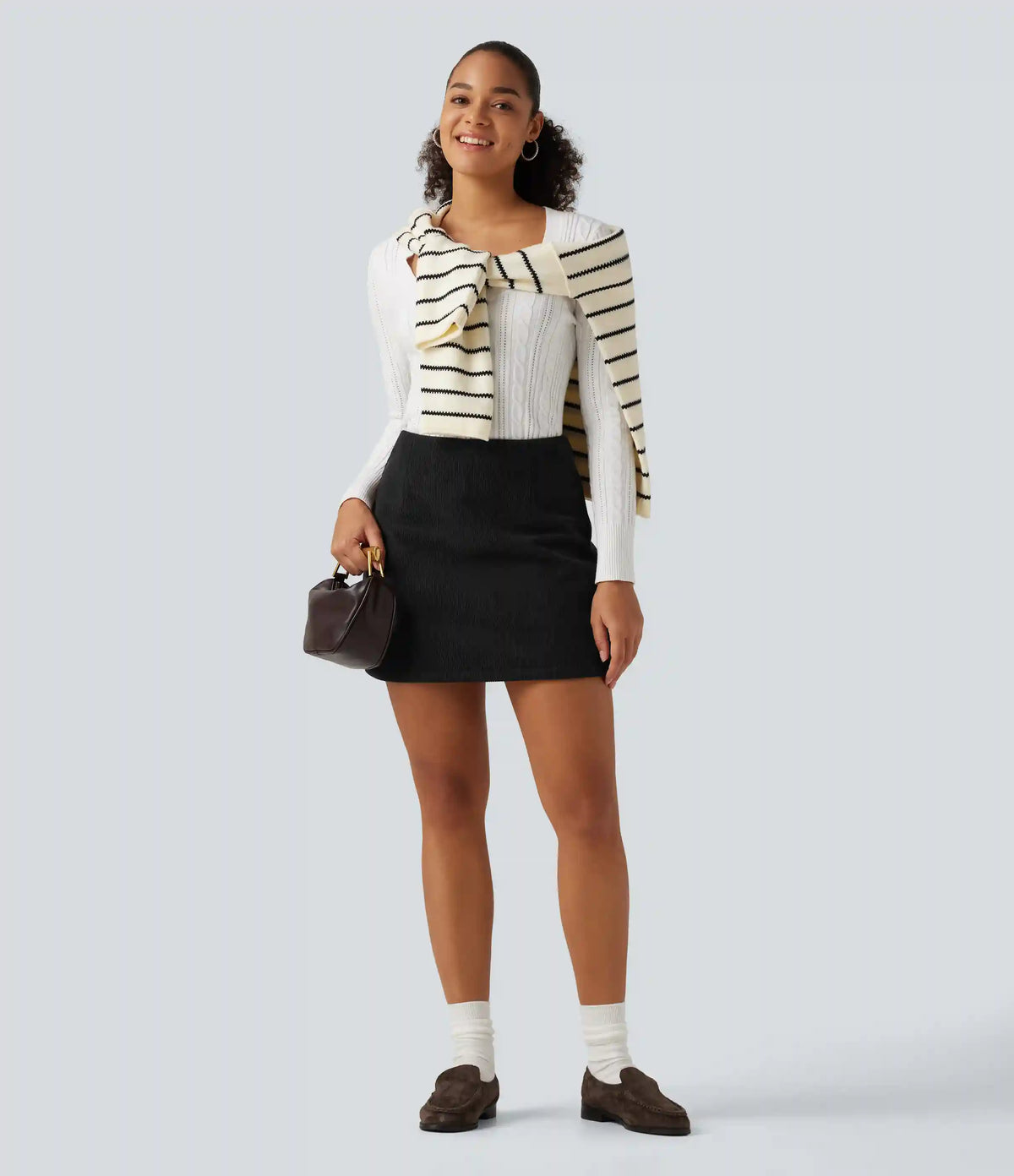 High Waisted A-Line Corduroy Fleece Casual Mini Skirt with Built-in Shorts-Longer Length