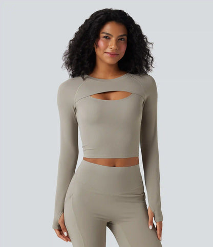 SoftlyZero™ QuickDry Cut Out Long Sleeve Thumb Hole Cropped Yoga Sports Top