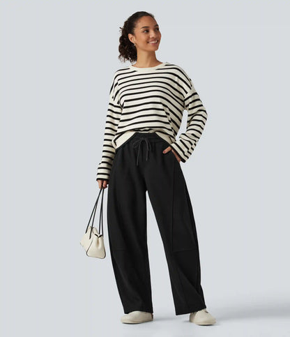 High Waisted Drawstring Barrel Leg Casual Pants with Pockets
