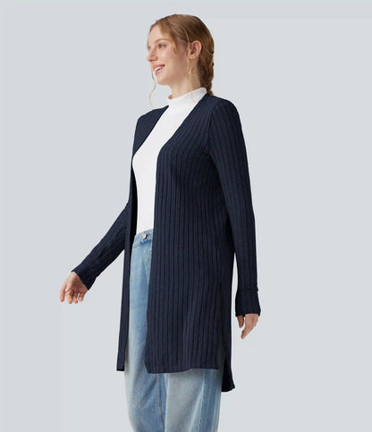 Ribbed Knit Long Sleeve Split Casual Cardigan