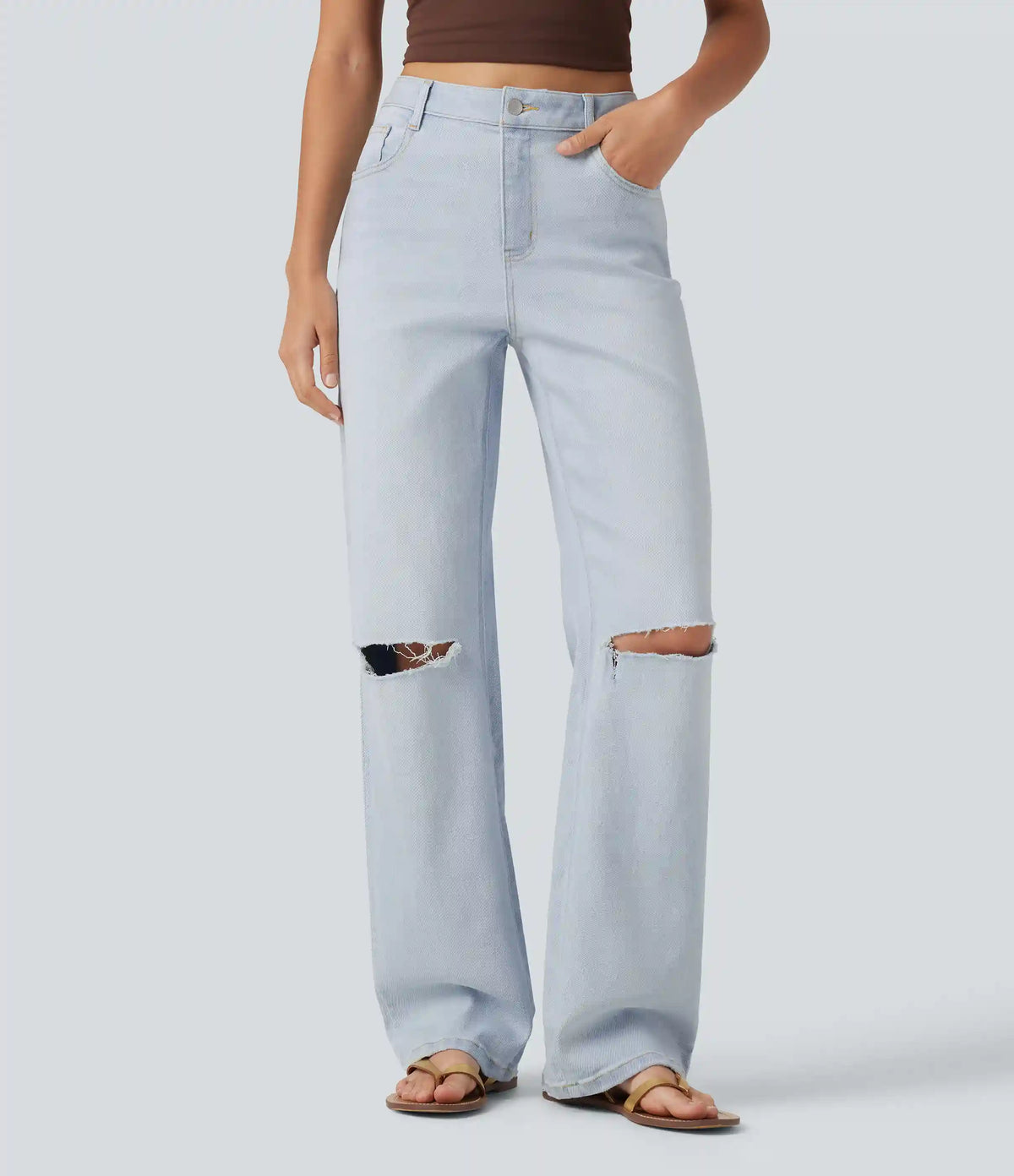High Waisted Ripped Straight Leg Casual Jeans with Pockets