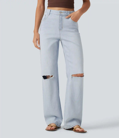 High Waisted Ripped Straight Leg Casual Jeans with Pockets