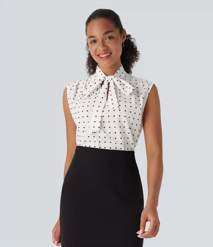 Tie Front Sleeveless Polka Dot Work Shirt