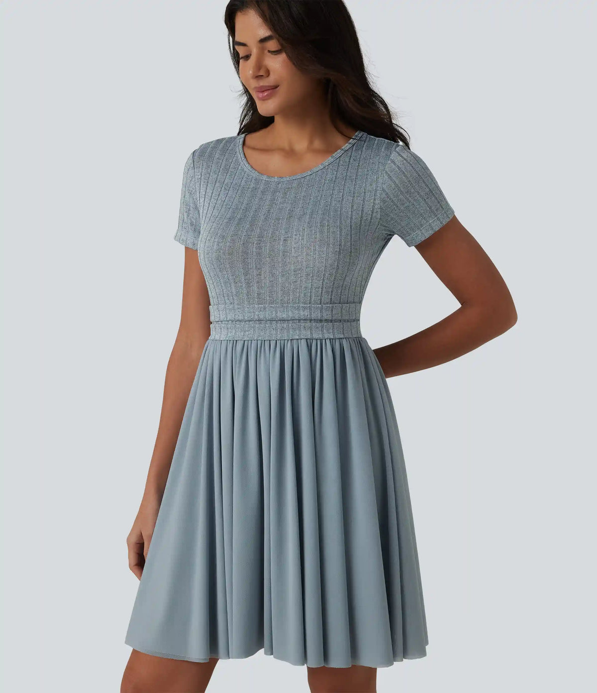 Round Neck Short Sleeve Contrast Mesh Mini Casual Flowy Dress